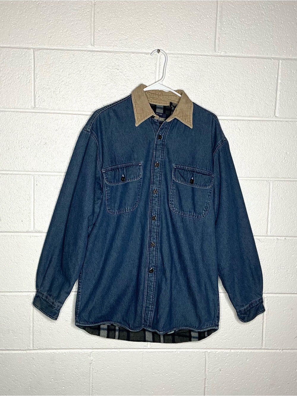 < Wolverine Men’s Vintage Denim Shirt Jacket With Plaid Lining >